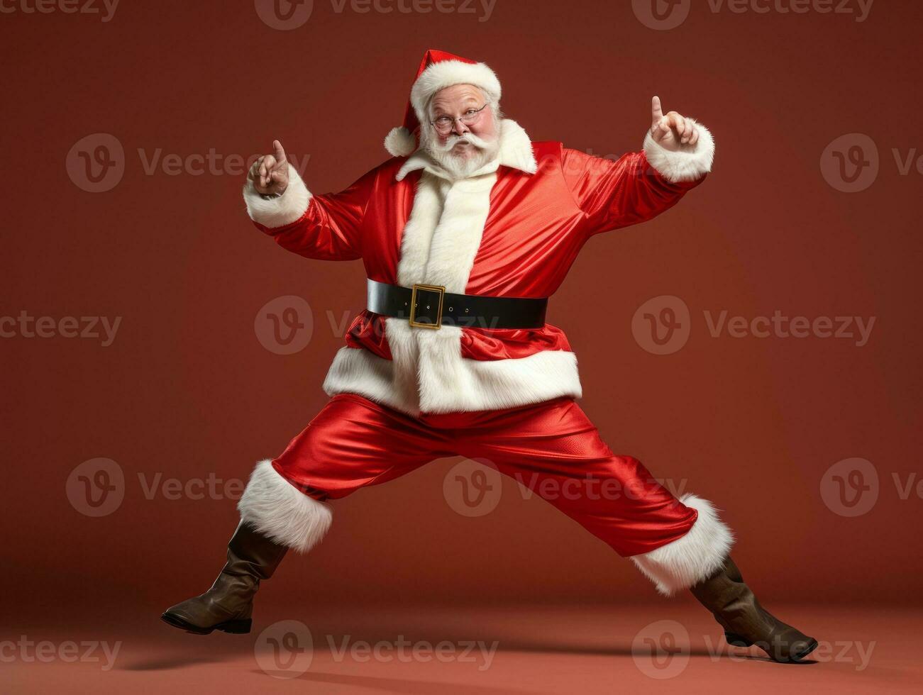 Man dressed as Santa Claus in playful pose on solid background AI Generative photo
