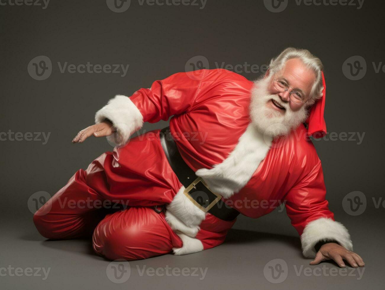 hombre vestido como Papa Noel claus en juguetón actitud en sólido antecedentes ai generativo foto