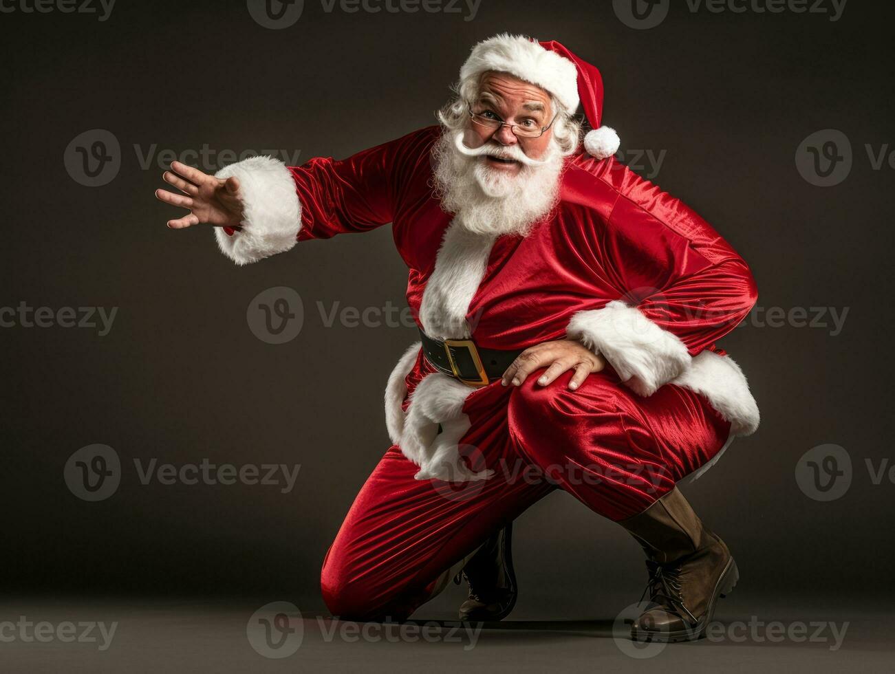 Man dressed as Santa Claus in playful pose on solid background AI Generative photo