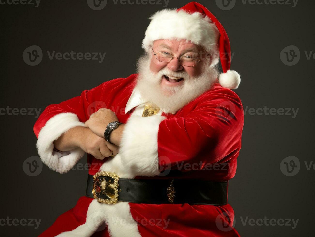 hombre vestido como Papa Noel claus en juguetón actitud en sólido antecedentes ai generativo foto