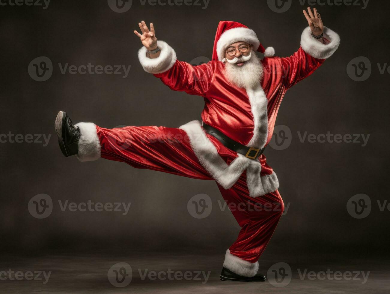 Man dressed as Santa Claus in playful pose on solid background AI Generative photo