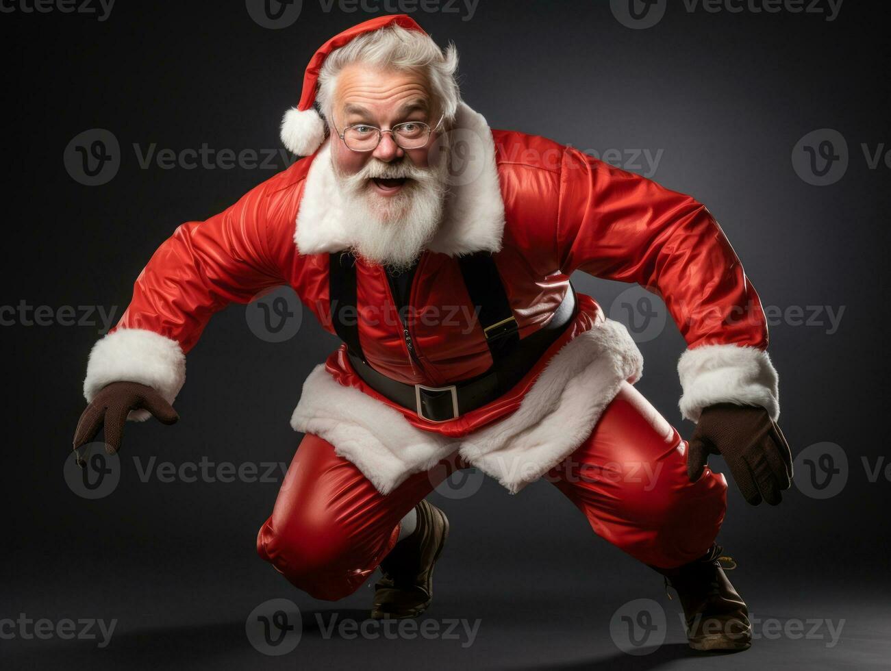 Man dressed as Santa Claus in playful pose on solid background AI Generative photo