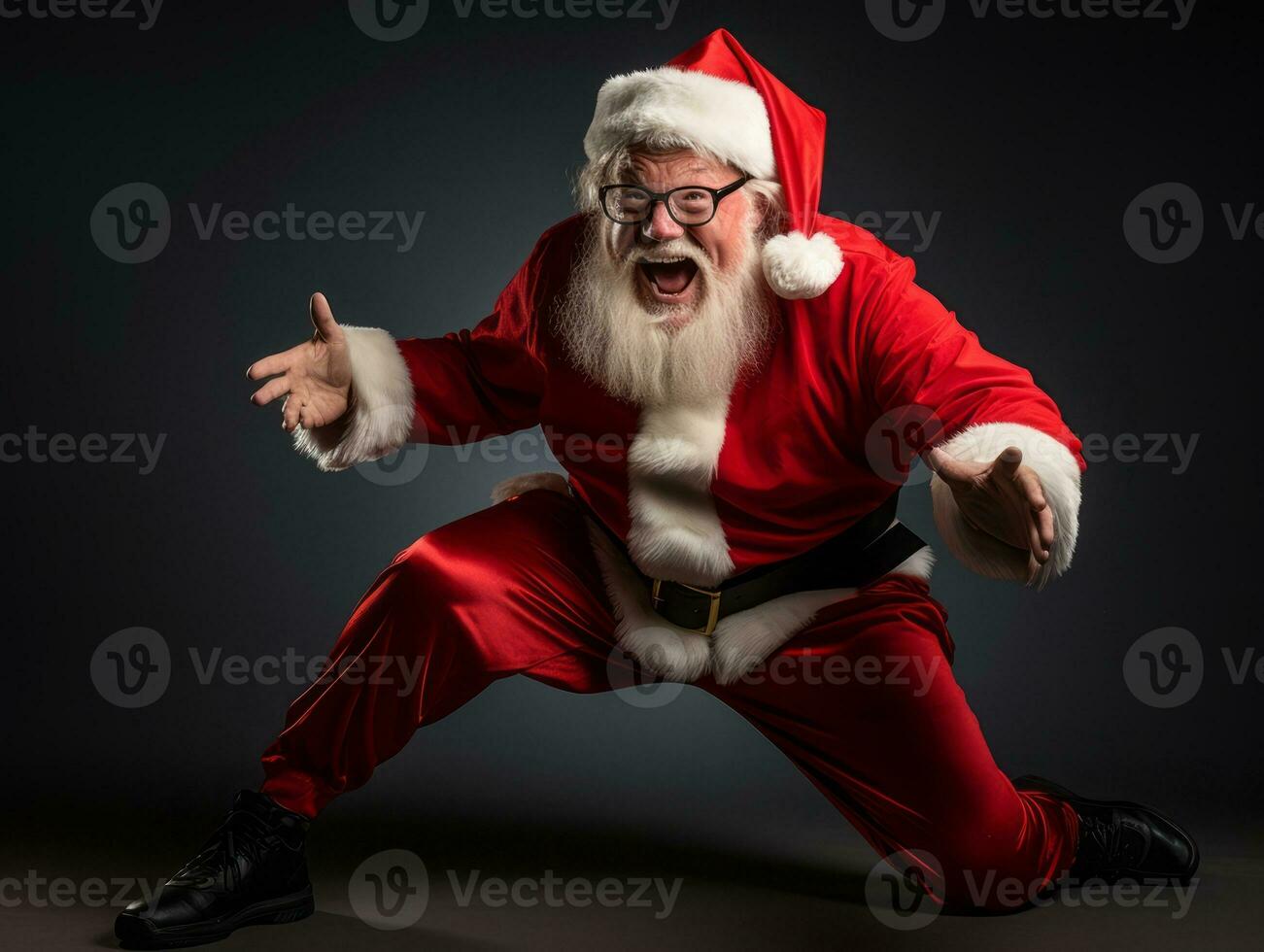 Man dressed as Santa Claus in playful pose on solid background AI Generative photo