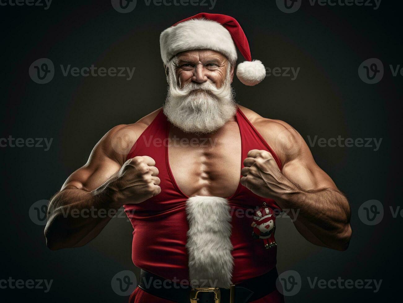 hombre vestido como Papa Noel claus en juguetón actitud en sólido antecedentes ai generativo foto