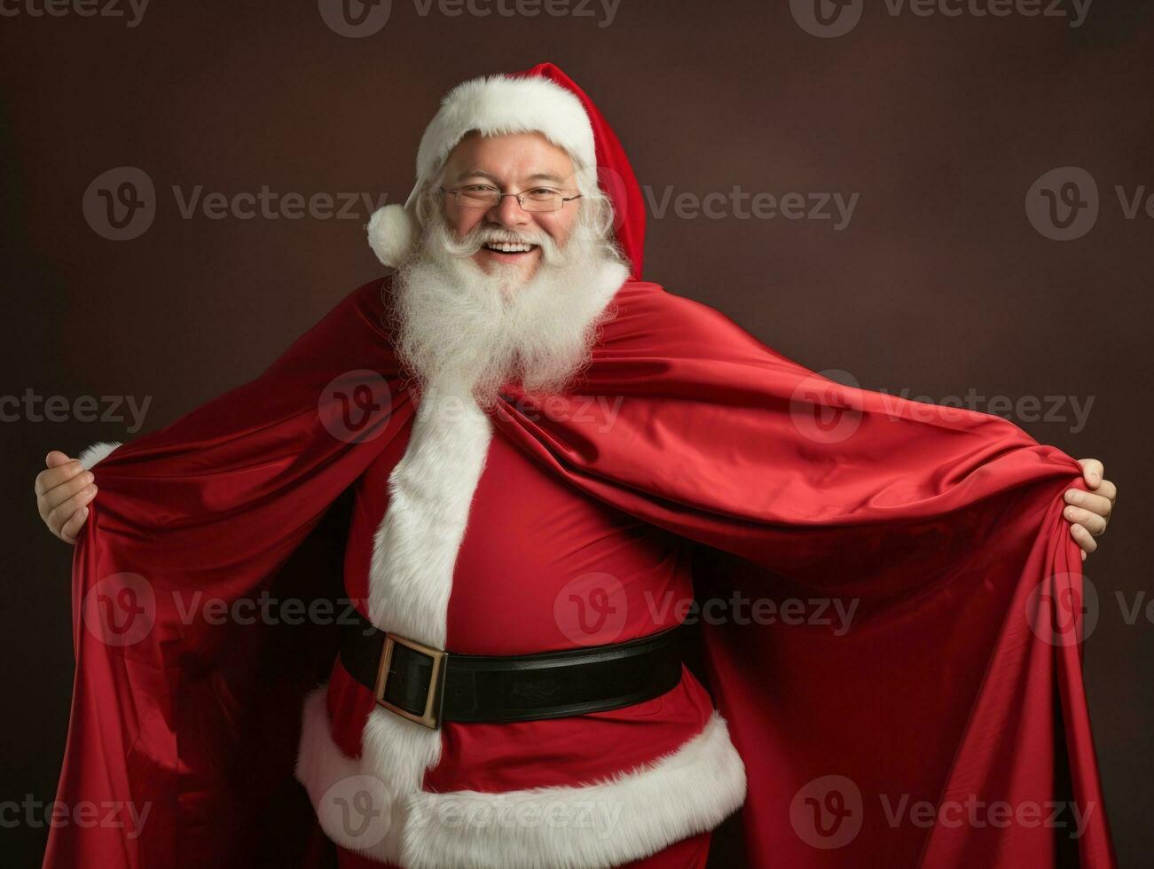 hombre vestido como Papa Noel claus en juguetón actitud en sólido antecedentes ai generativo foto