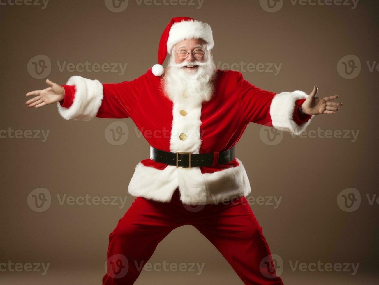 Man dressed as Santa Claus in playful pose on solid background AI Generative photo