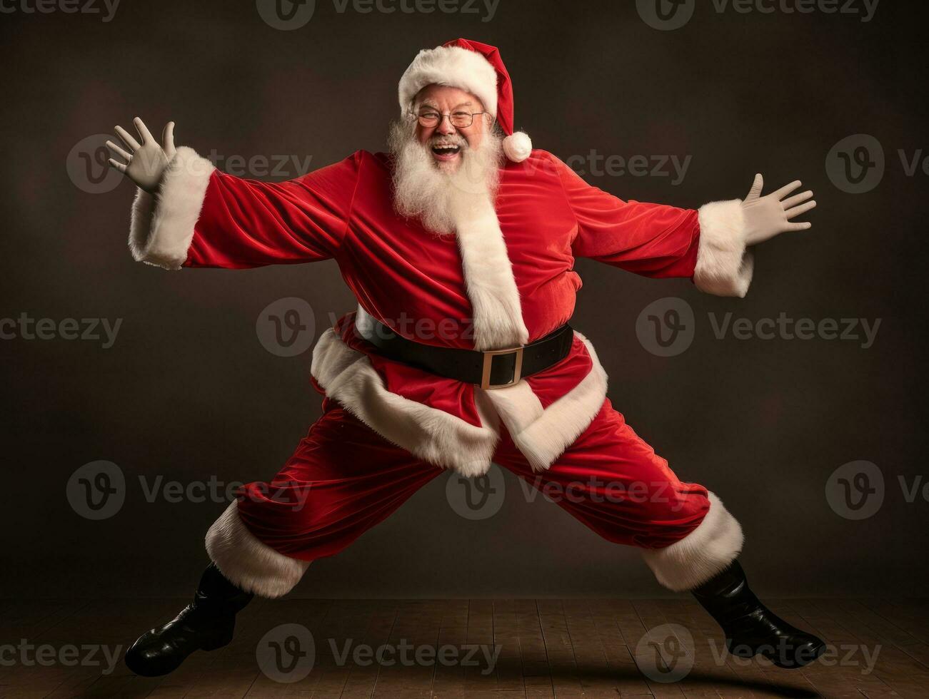 Man dressed as Santa Claus in playful pose on solid background AI Generative photo