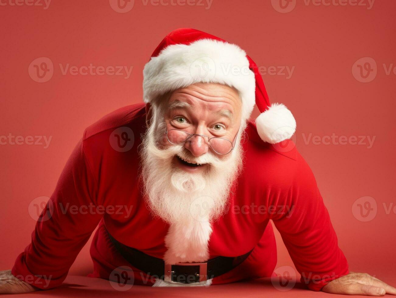 Man dressed as Santa Claus in playful pose on solid background AI Generative photo