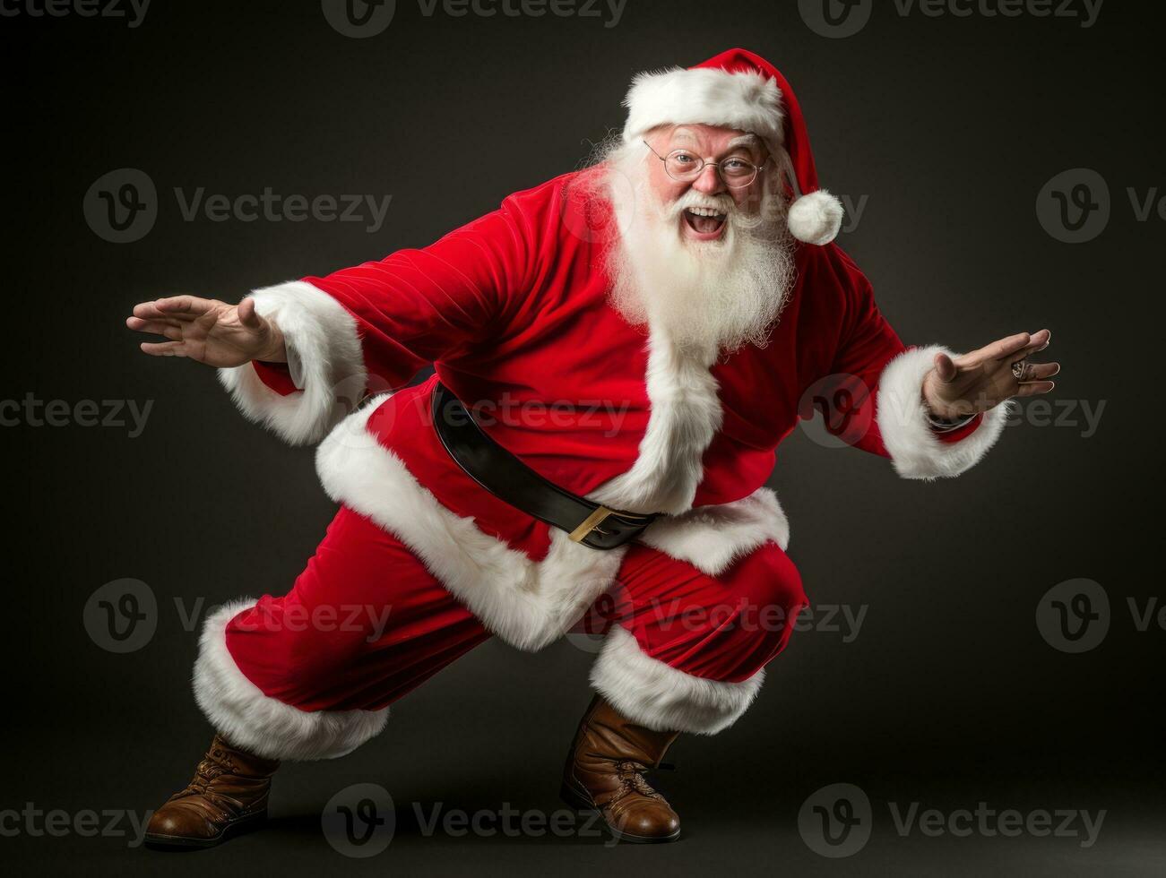 Man dressed as Santa Claus in playful pose on solid background AI Generative photo