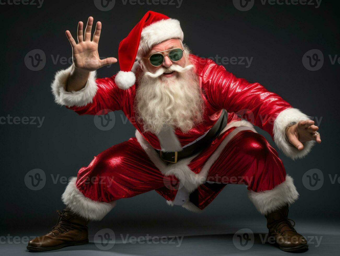 hombre vestido como Papa Noel claus en juguetón actitud en sólido antecedentes ai generativo foto