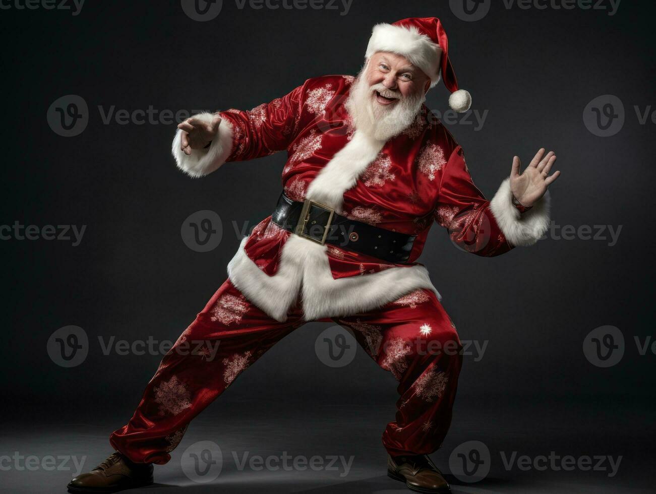 Man dressed as Santa Claus in playful pose on solid background AI Generative photo