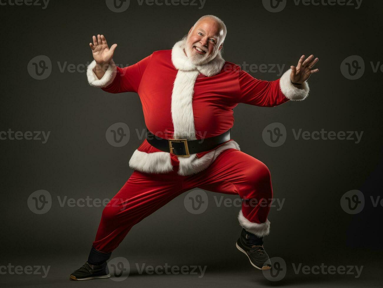 Man dressed as Santa Claus in playful pose on solid background AI Generative photo