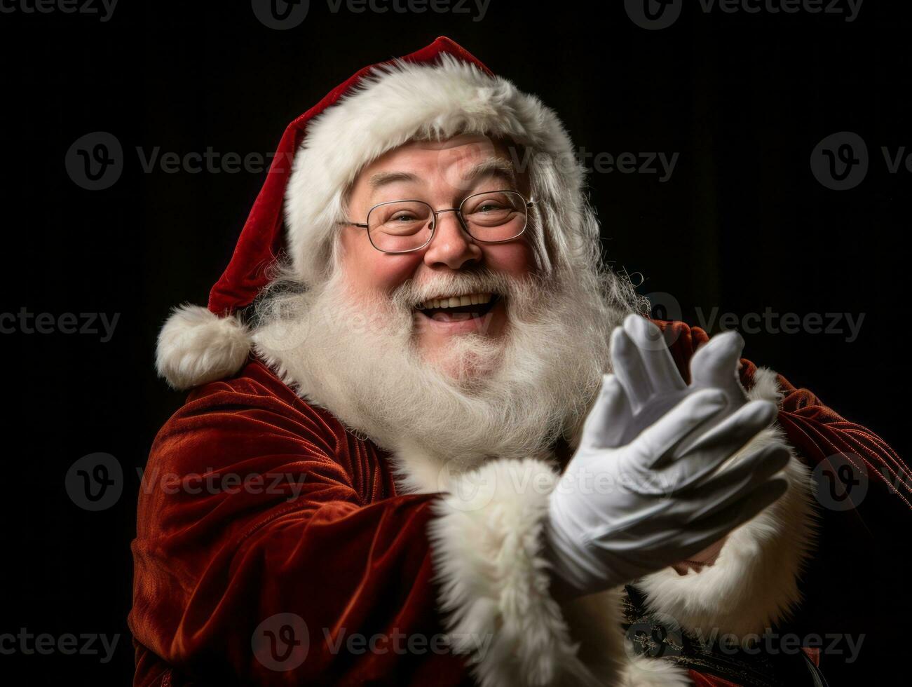 Man dressed as Santa Claus in playful pose on solid background AI Generative photo