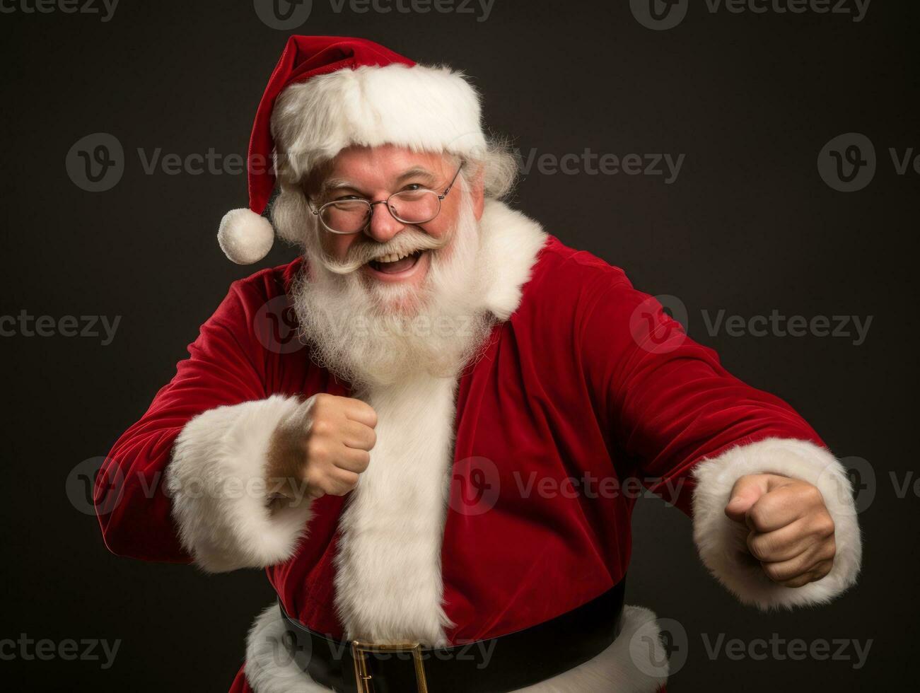 Man dressed as Santa Claus in playful pose on solid background AI Generative photo