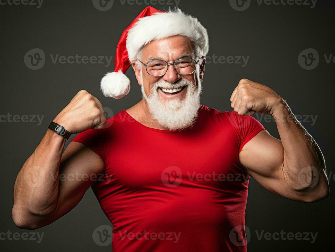 Man dressed as Santa Claus in playful pose on solid background AI Generative photo