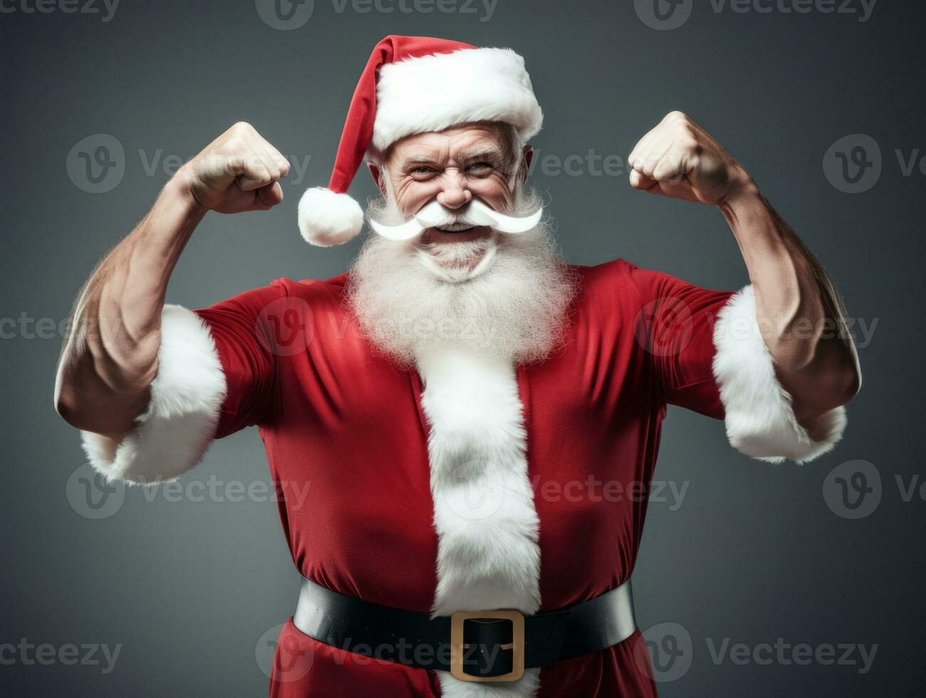 Man dressed as Santa Claus in playful pose on solid background AI Generative photo