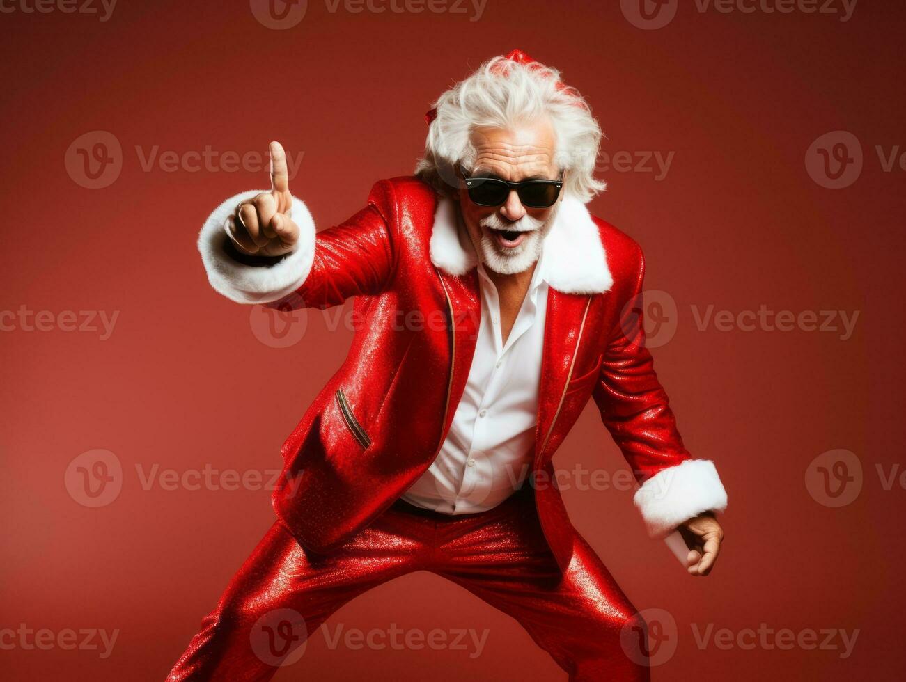 Man dressed as Santa Claus in playful pose on solid background AI Generative photo