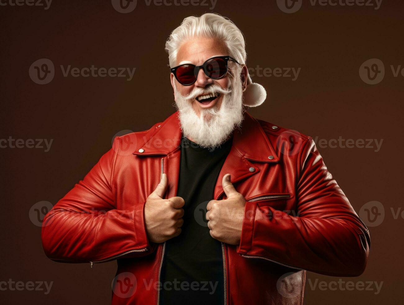 Man dressed as Santa Claus in playful pose on solid background AI Generative photo