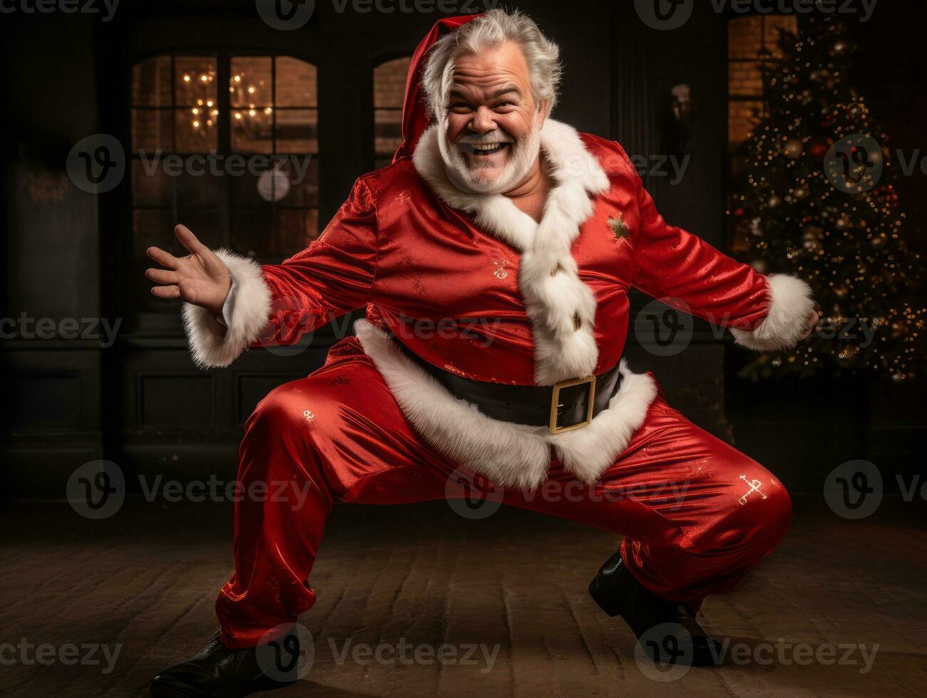 Man dressed as Santa Claus in playful pose on solid background AI Generative photo