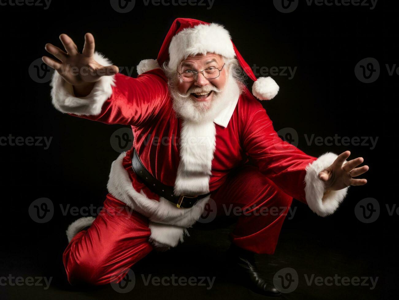 Man dressed as Santa Claus in playful pose on solid background AI Generative photo