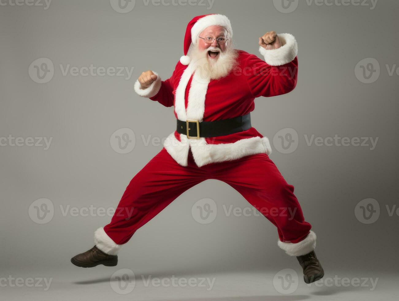 Man dressed as Santa Claus in playful pose on solid background AI Generative photo