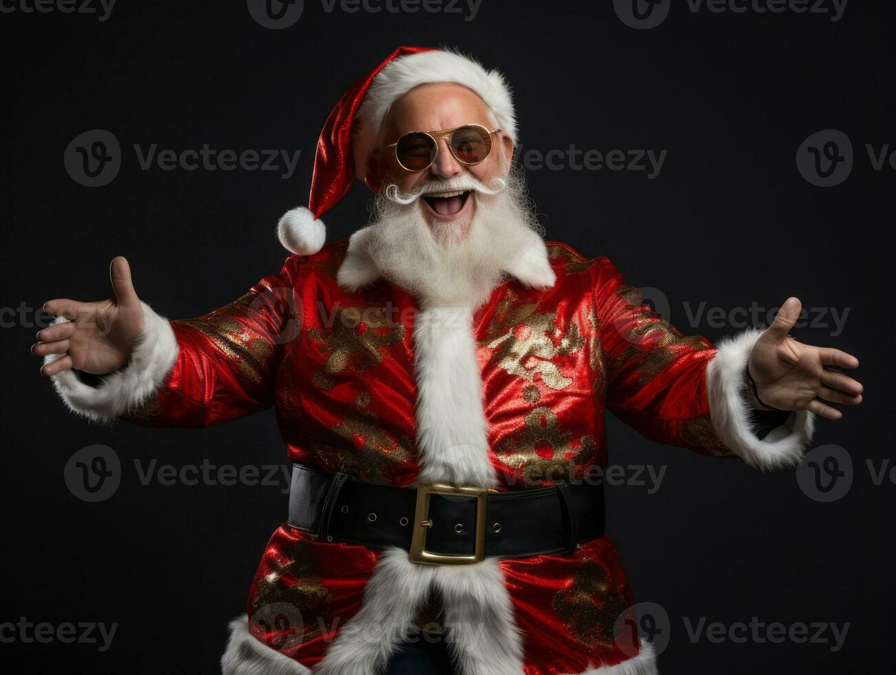 Man dressed as Santa Claus in playful pose on solid background AI Generative photo