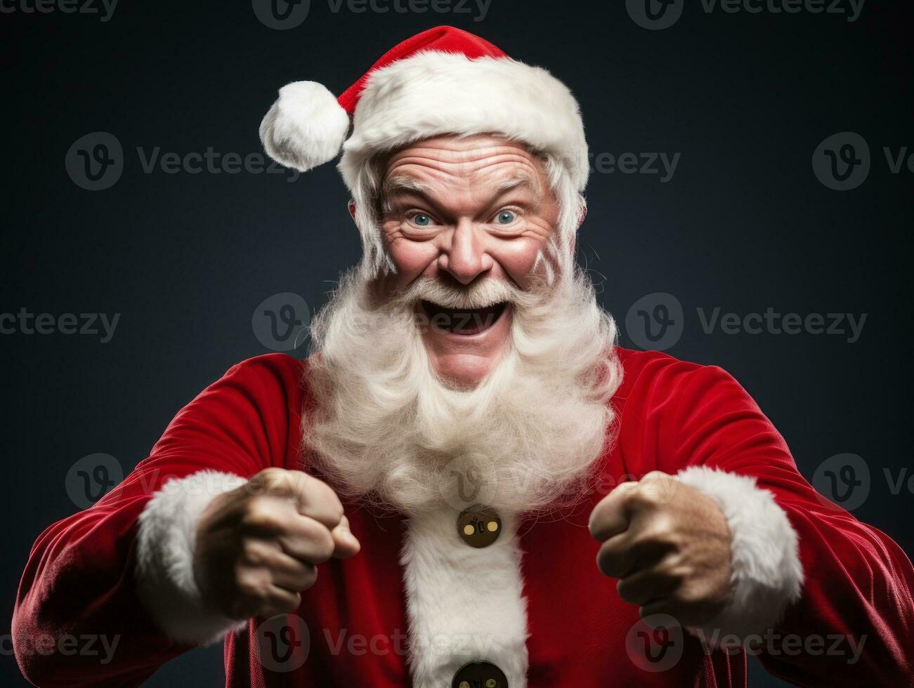 Man dressed as Santa Claus in playful pose on solid background AI Generative photo