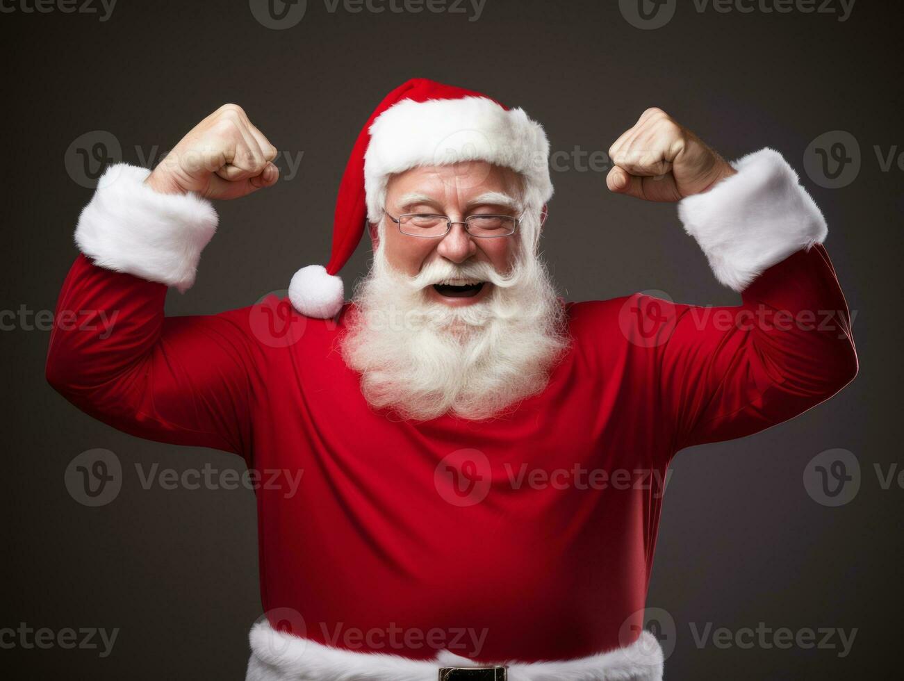 Man dressed as Santa Claus in playful pose on solid background AI Generative photo