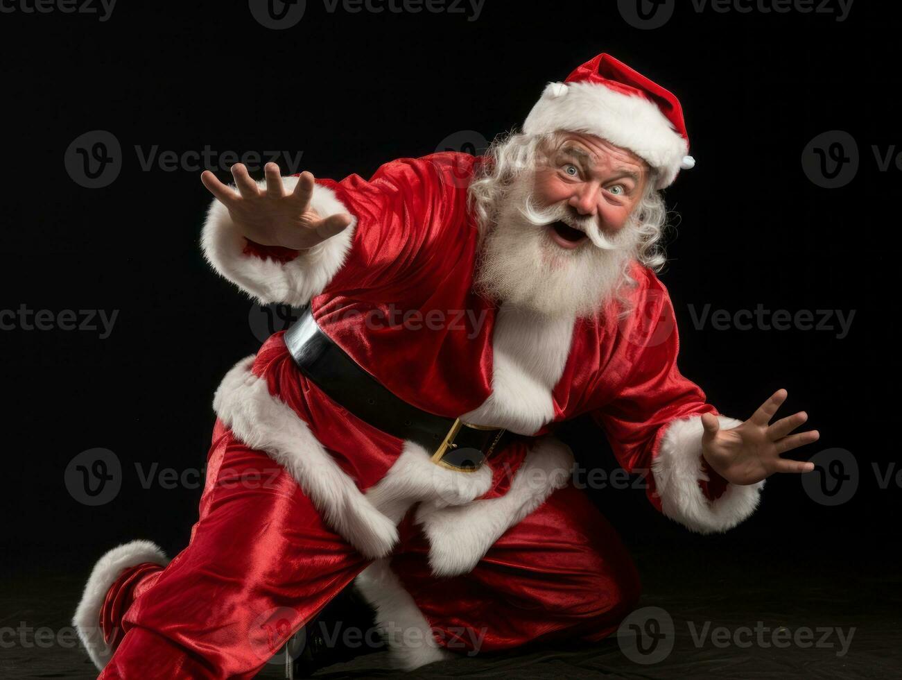 Man dressed as Santa Claus in playful pose on solid background AI Generative photo