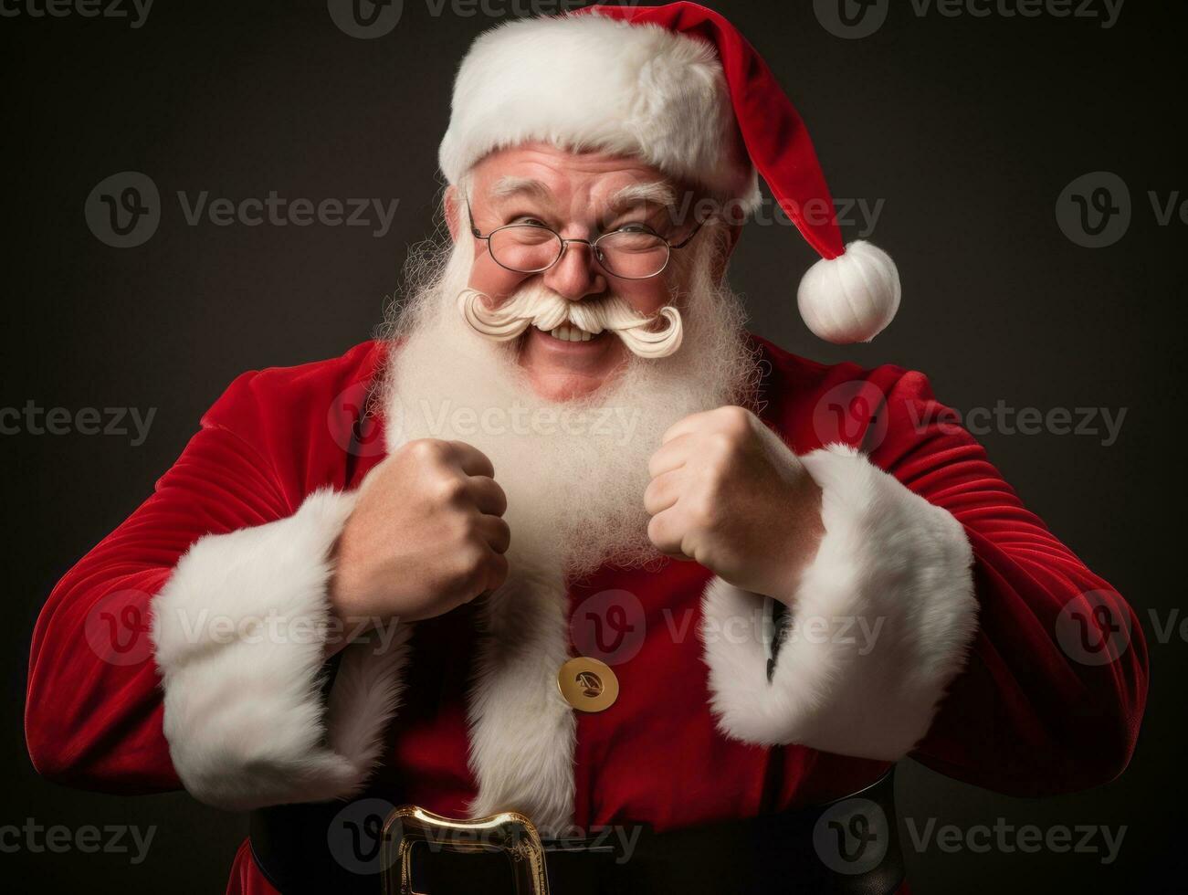 Man dressed as Santa Claus in playful pose on solid background AI Generative photo