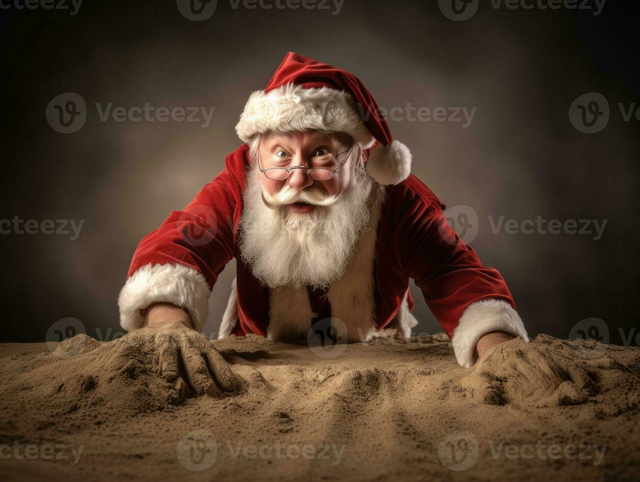 Man dressed as Santa Claus in playful pose on solid background AI Generative photo