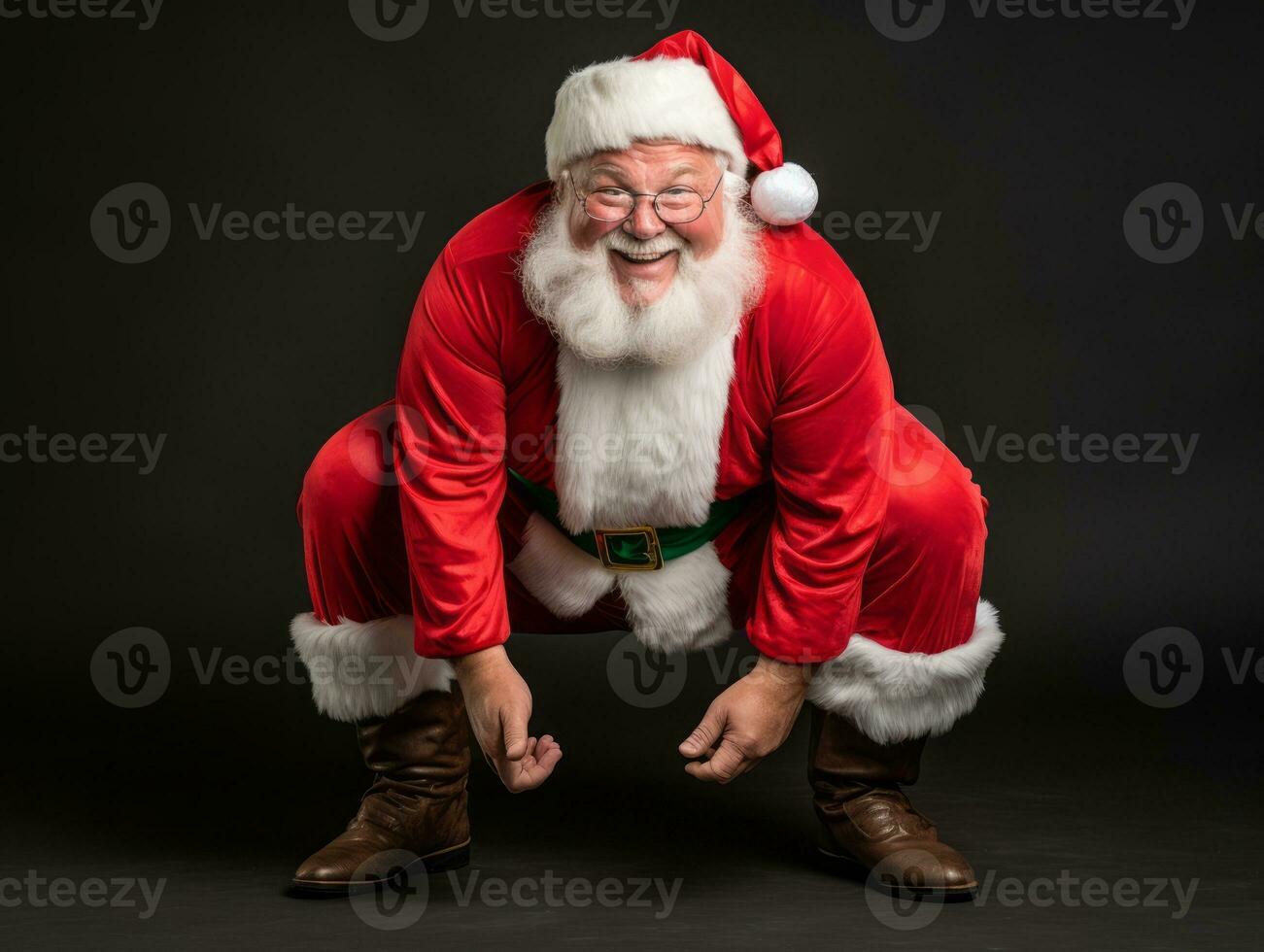 Man dressed as Santa Claus in playful pose on solid background AI Generative photo