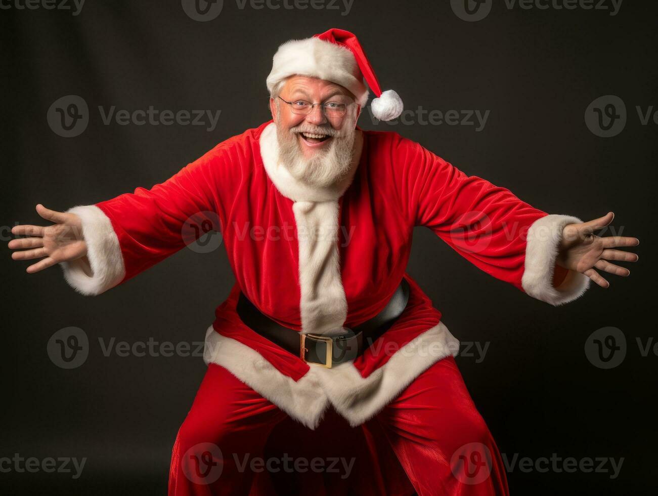 Man dressed as Santa Claus in playful pose on solid background AI Generative photo