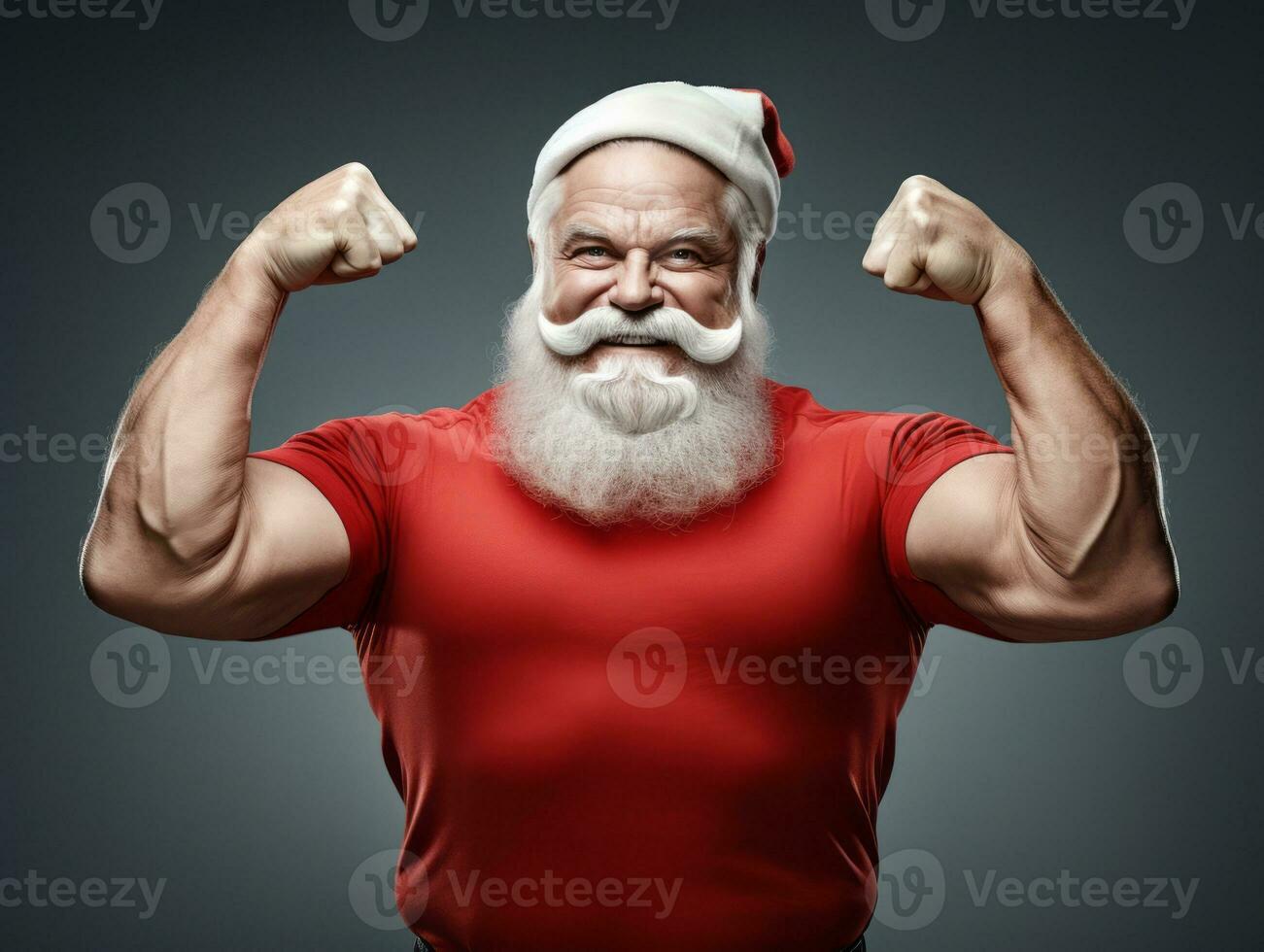 Man dressed as Santa Claus in playful pose on solid background AI Generative photo