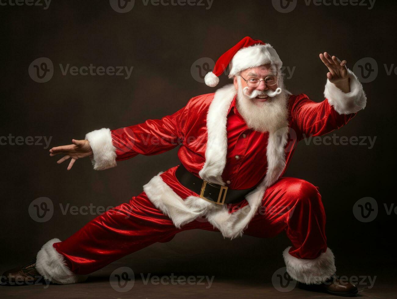 Man dressed as Santa Claus in playful pose on solid background AI Generative photo