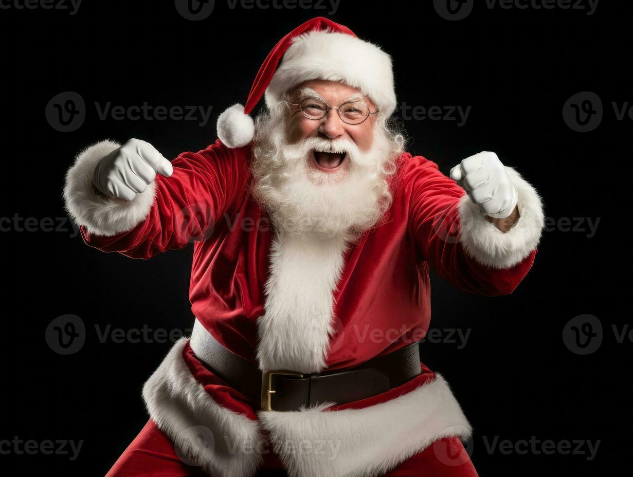Man dressed as Santa Claus in playful pose on solid background AI Generative photo