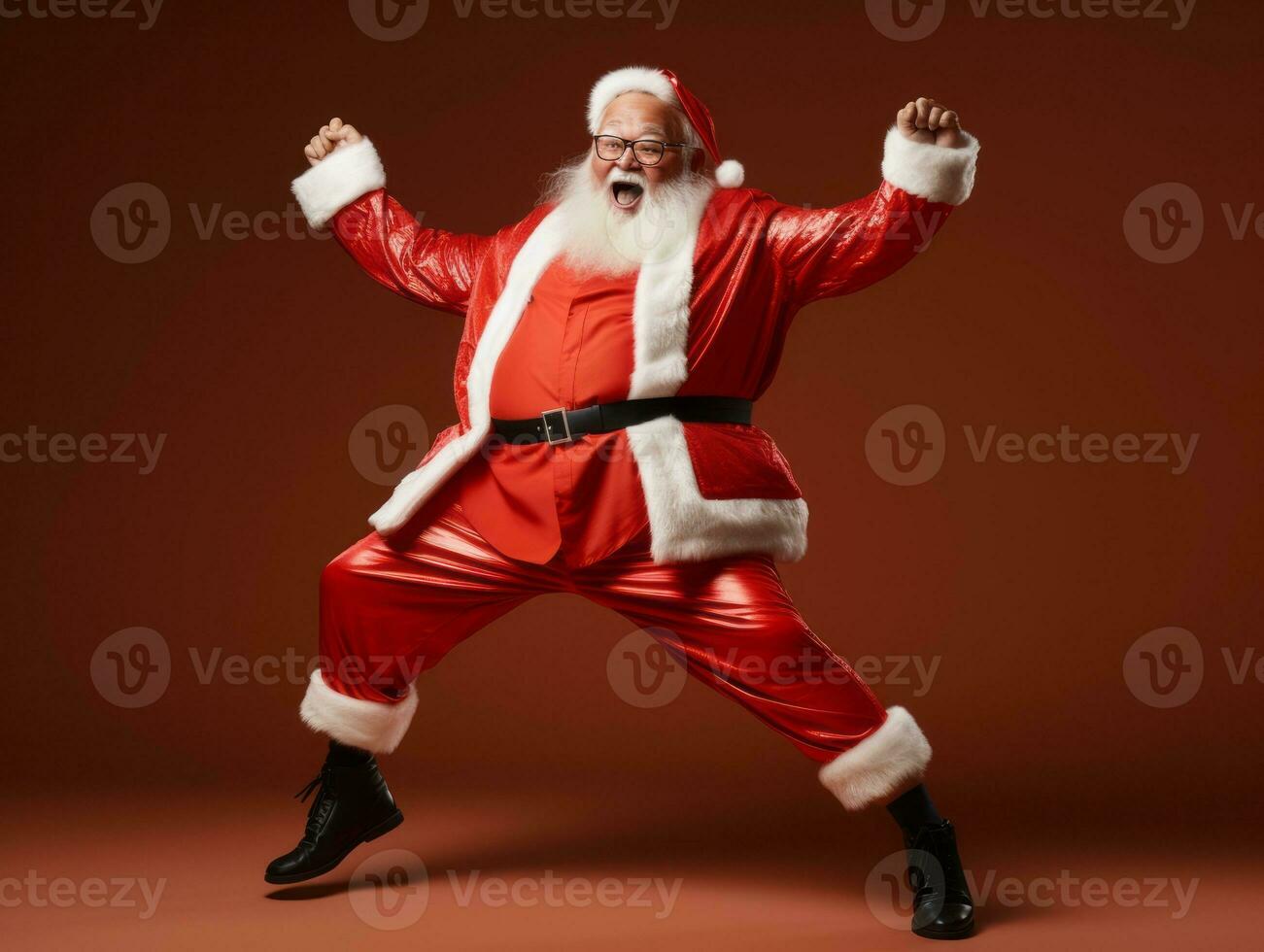 Man dressed as Santa Claus in playful pose on solid background AI Generative photo