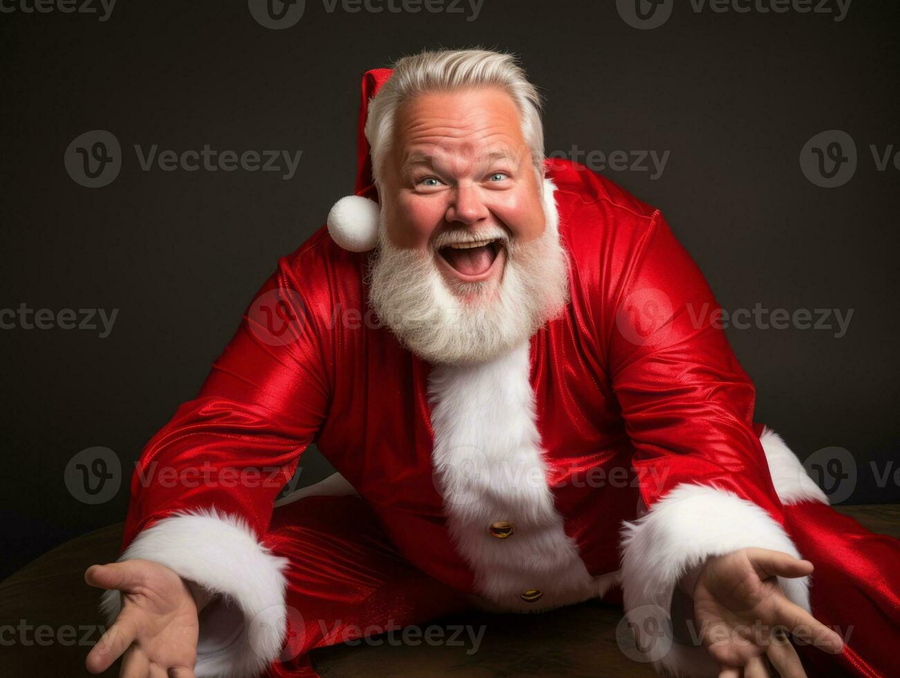 Man dressed as Santa Claus in playful pose on solid background AI Generative photo