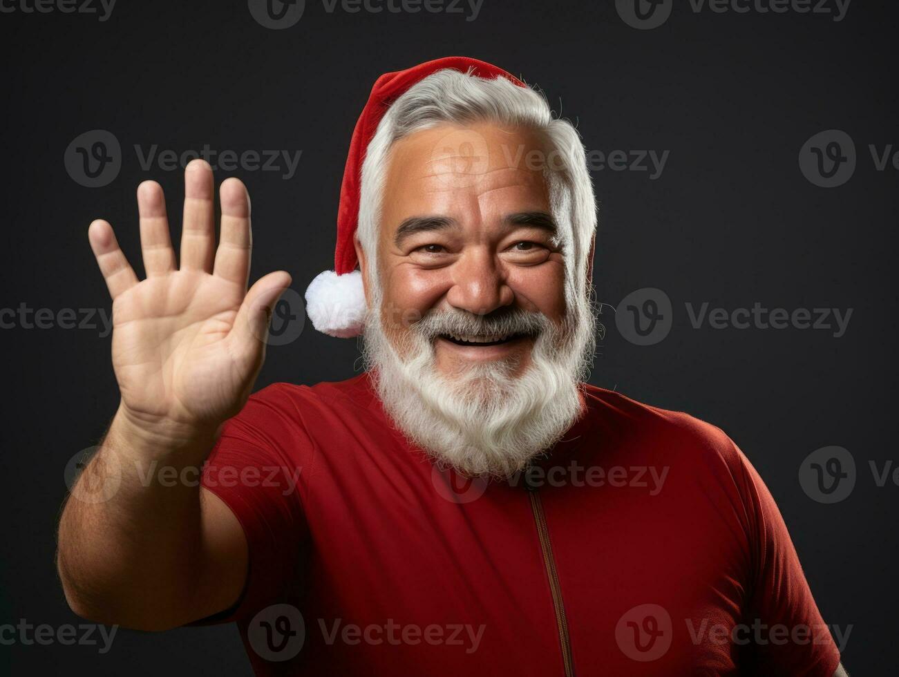 Man dressed as Santa Claus in playful pose on solid background AI Generative photo