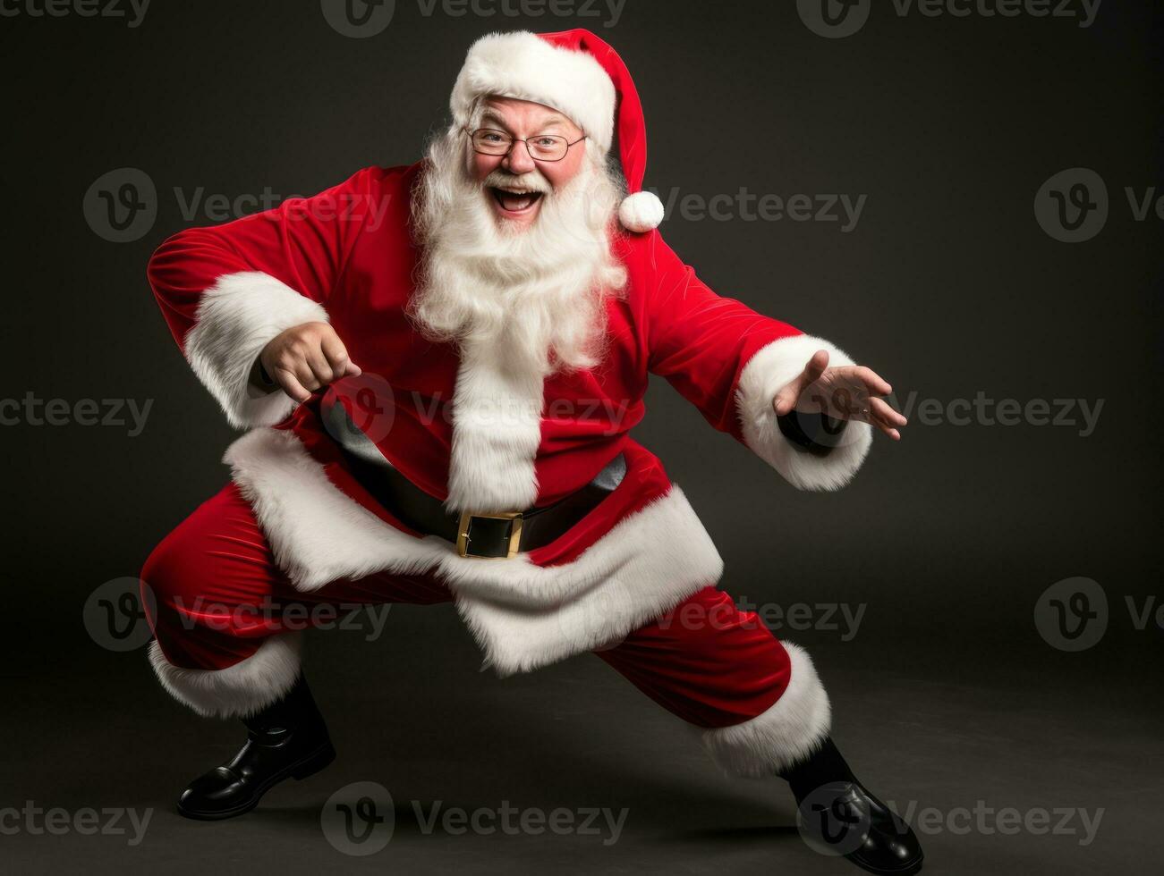 Man dressed as Santa Claus in playful pose on solid background AI Generative photo