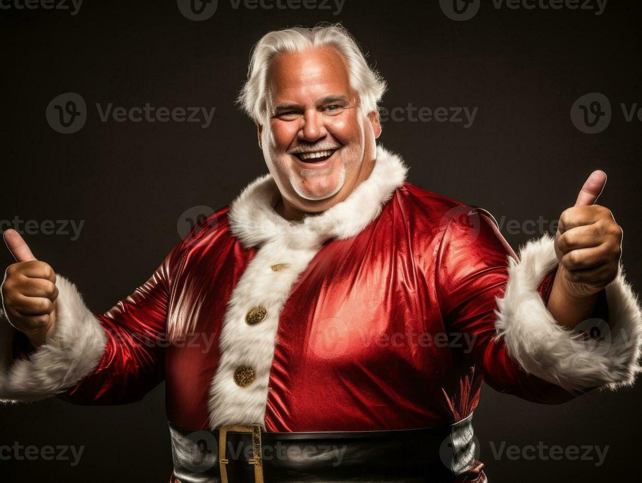 Man dressed as Santa Claus in playful pose on solid background AI Generative photo