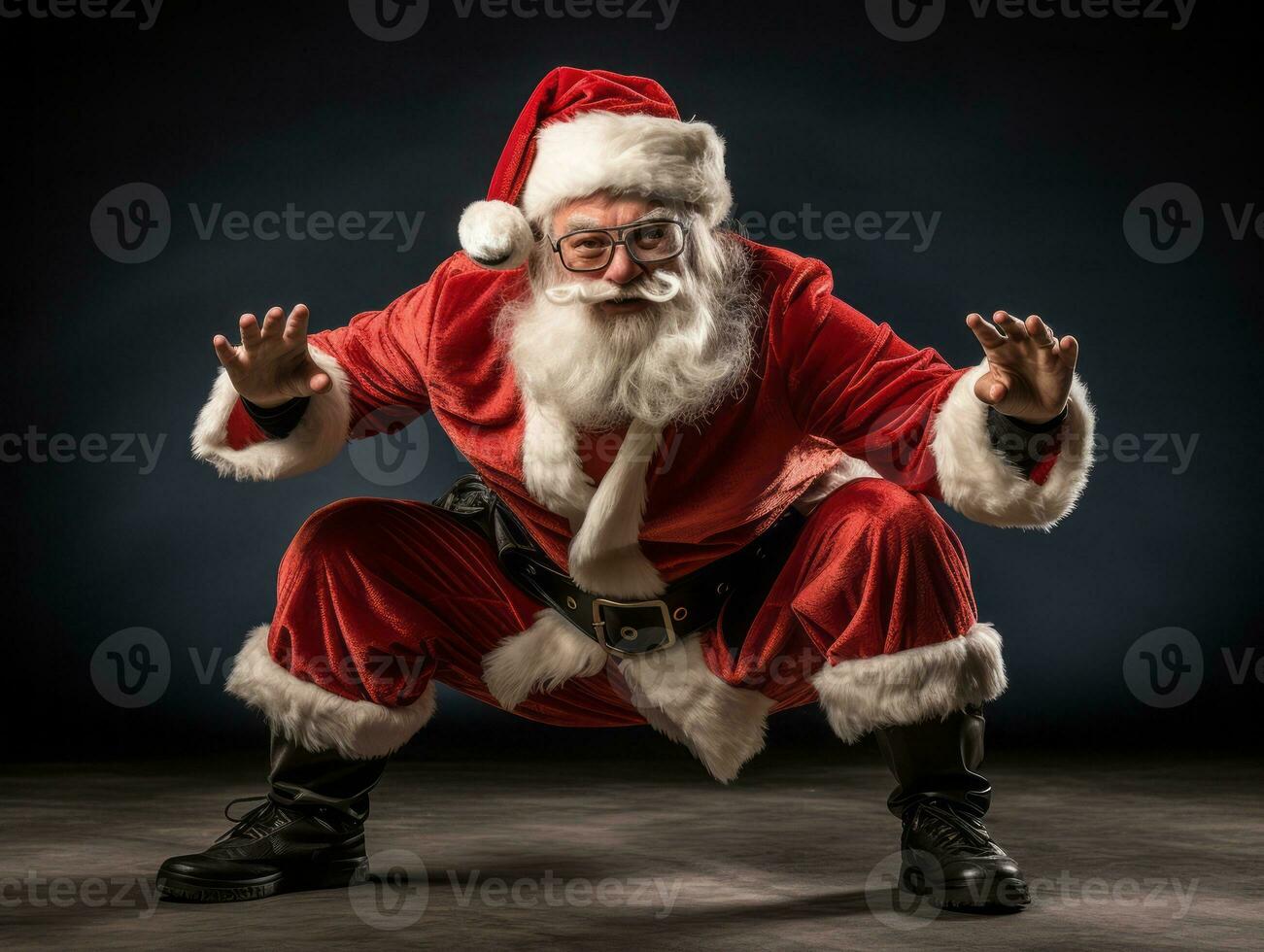 Man dressed as Santa Claus in playful pose on solid background AI Generative photo