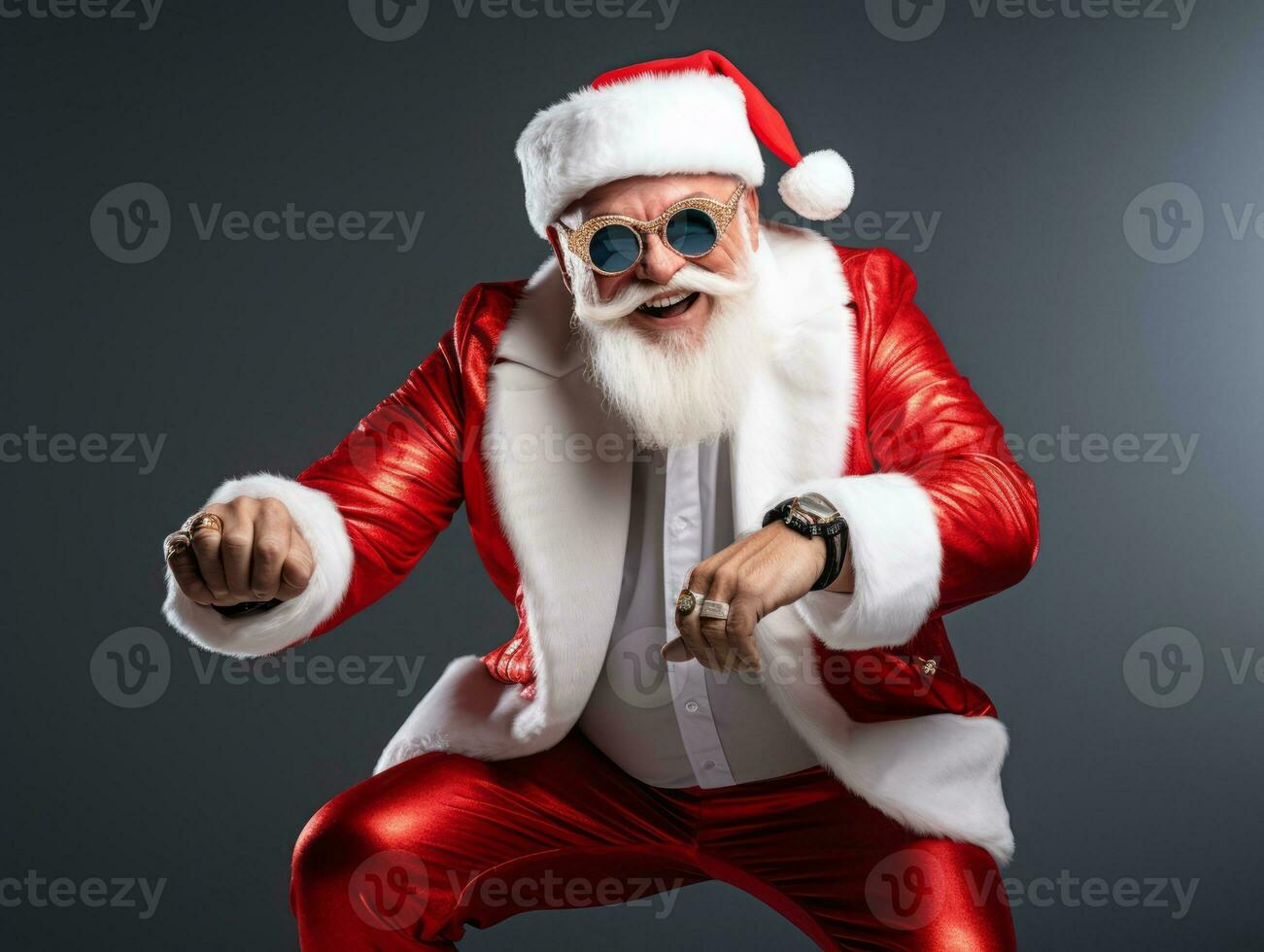 Man dressed as Santa Claus in playful pose on solid background AI Generative photo