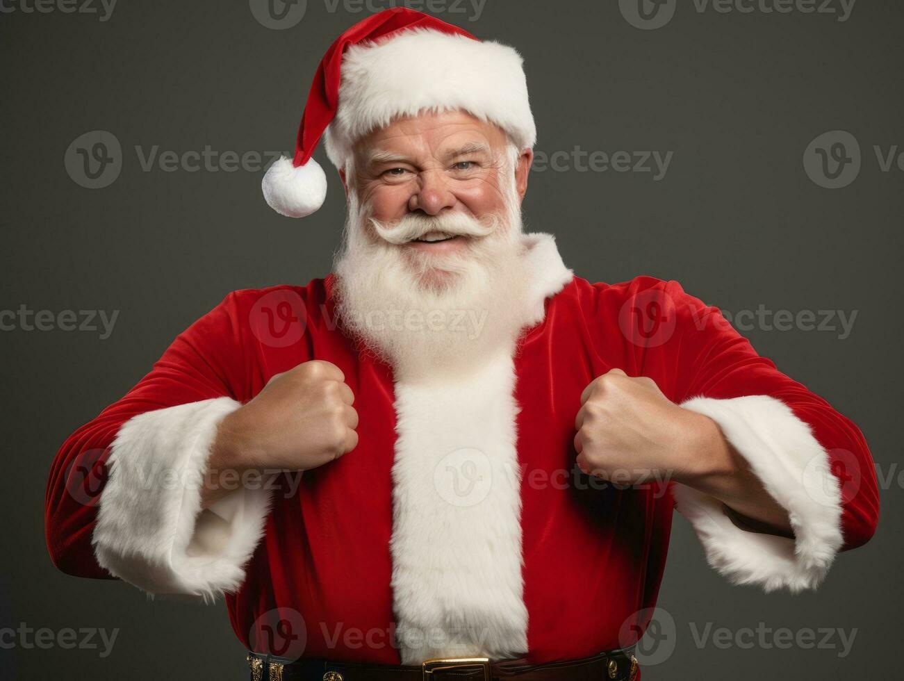 Man dressed as Santa Claus in playful pose on solid background AI Generative photo