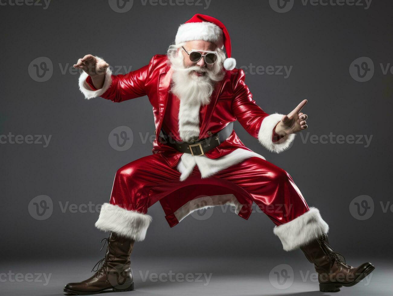 Man dressed as Santa Claus in playful pose on solid background AI Generative photo