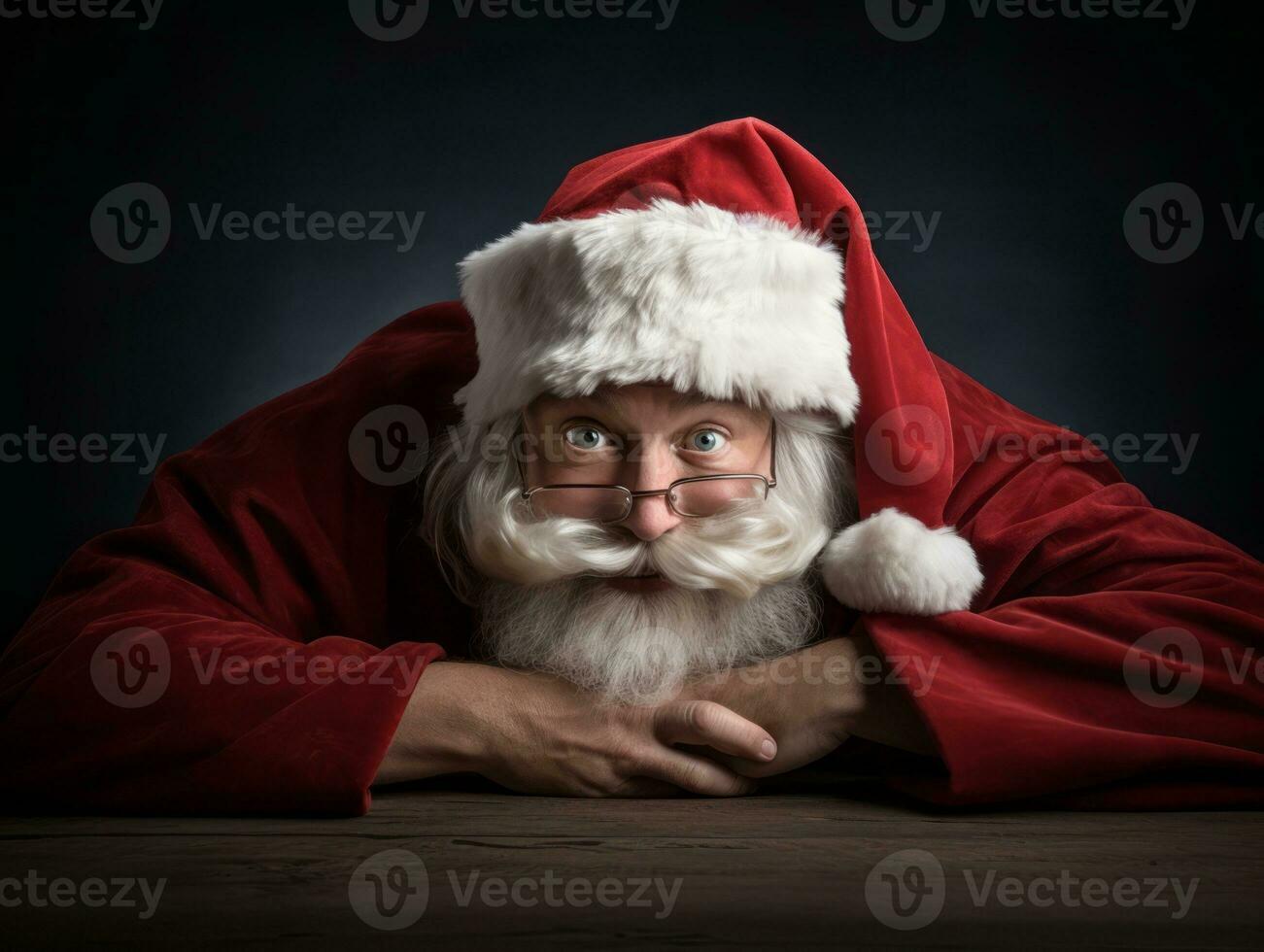 Man dressed as Santa Claus in playful pose on solid background AI Generative photo