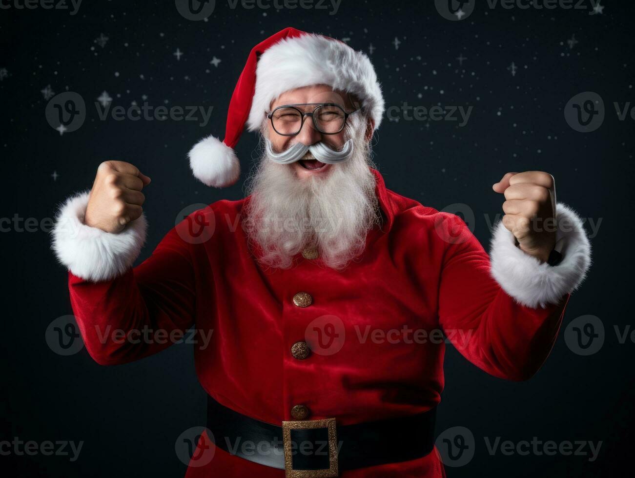 Man dressed as Santa Claus in playful pose on solid background AI Generative photo