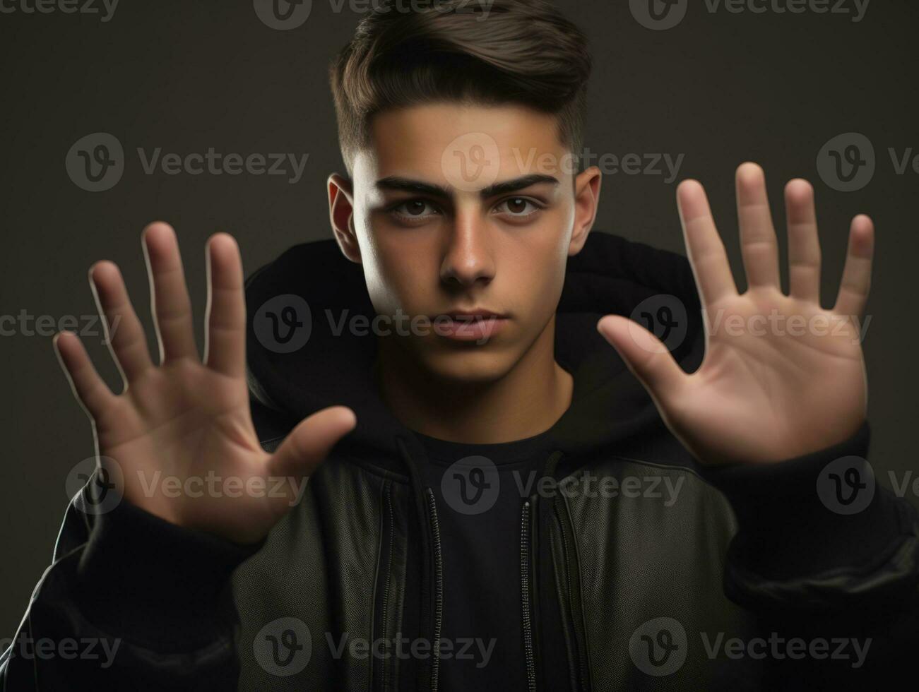 joven hermoso hombre emocional gestos en sólido antecedentes ai generativo foto