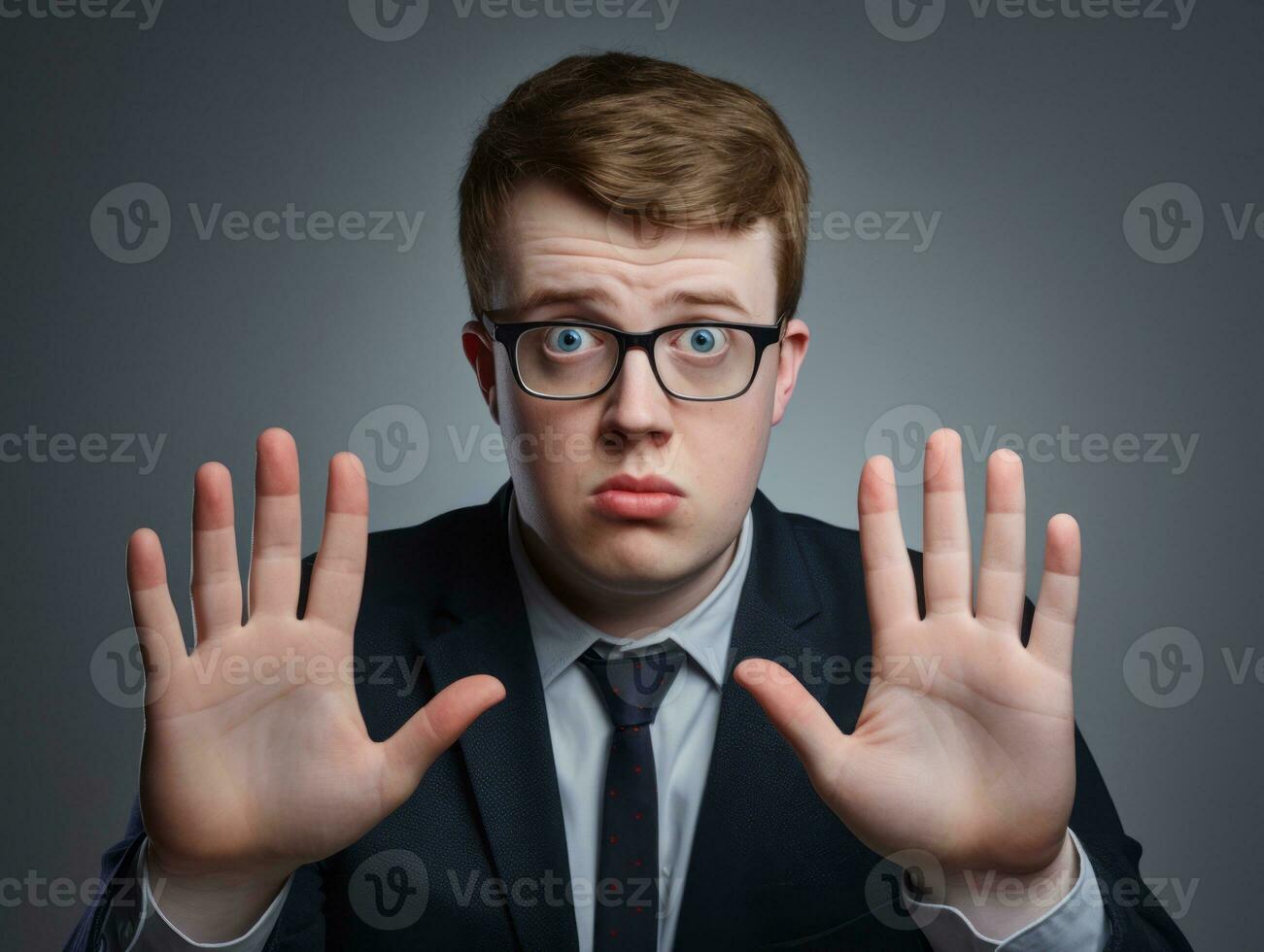 Young handsome man emotional gestures on solid background AI Generative photo