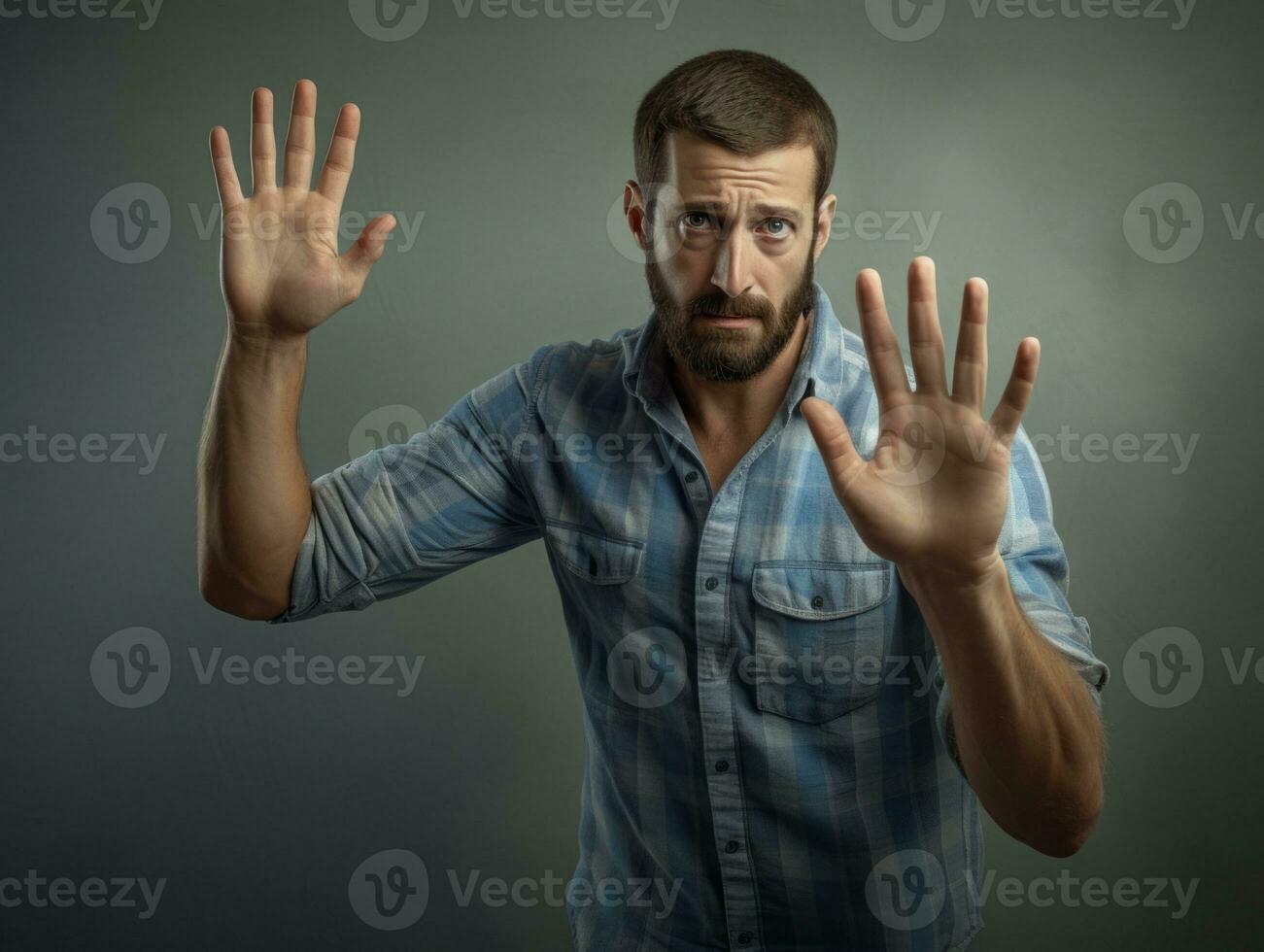 joven hermoso hombre emocional gestos en sólido antecedentes ai generativo foto